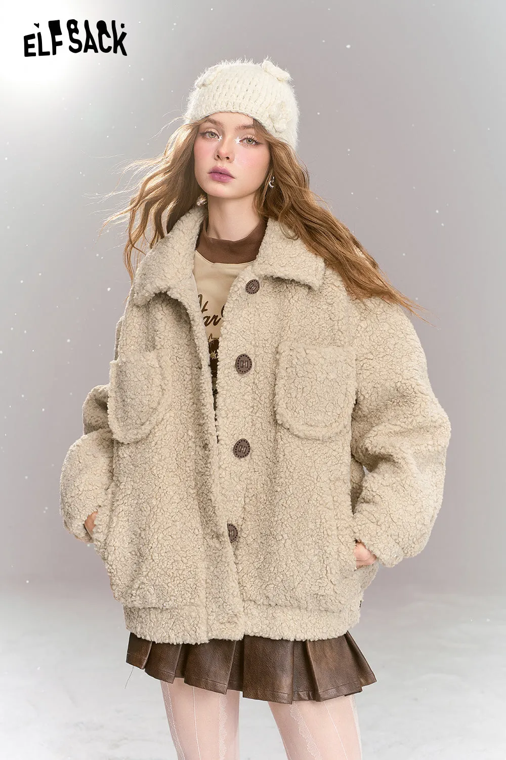 ELFSACK 2024 Winter New Arrivals Sweet khaki imitation plush short thick warm jacket