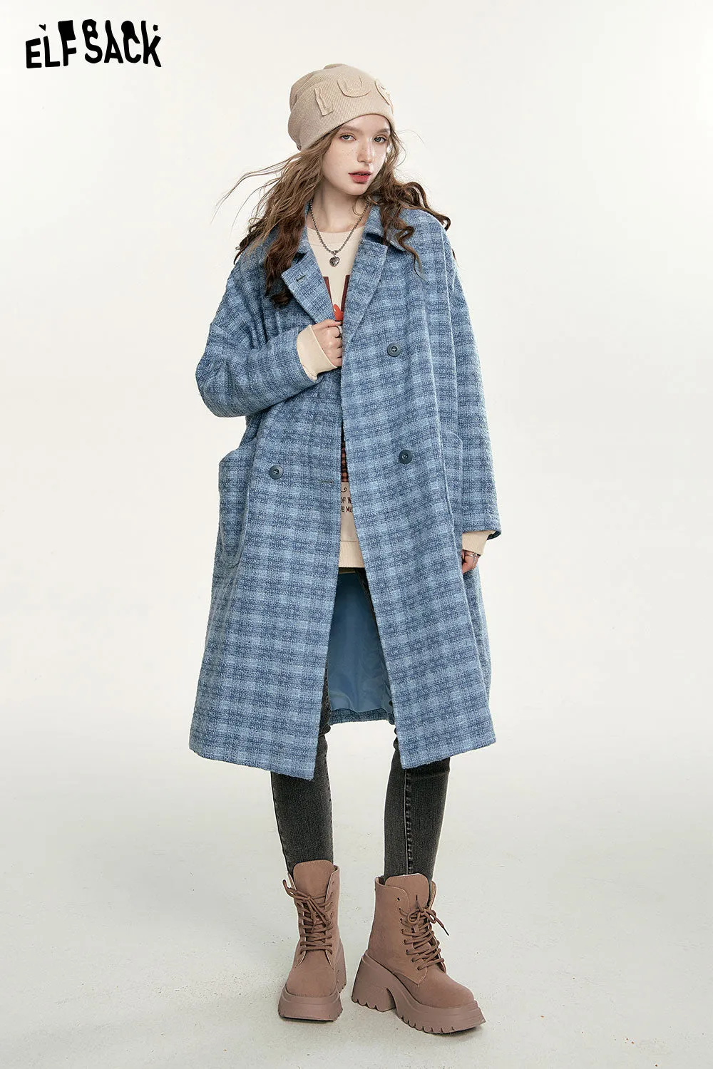 ELFSACK Blue Vintage Plaid Coats Women 2023 Autumn/Winter Academic Style Mid-length Outwears