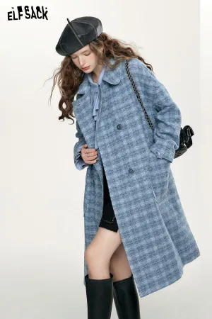 ELFSACK Blue Vintage Plaid Coats Women 2023 Autumn/Winter Academic Style Mid-length Outwears