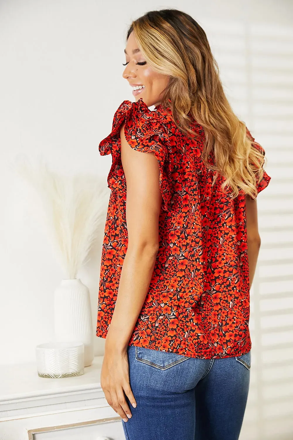 Floral Flutter Sleeve Notched Neck Blouse