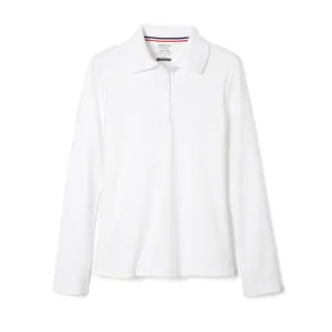 French Toast Girls School Uniform Long Sleeve Interlock Polo with Picot Collar - White - SA9424