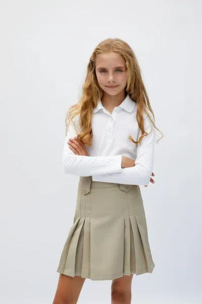 French Toast Girls School Uniform Long Sleeve Interlock Polo with Picot Collar - White - SA9424