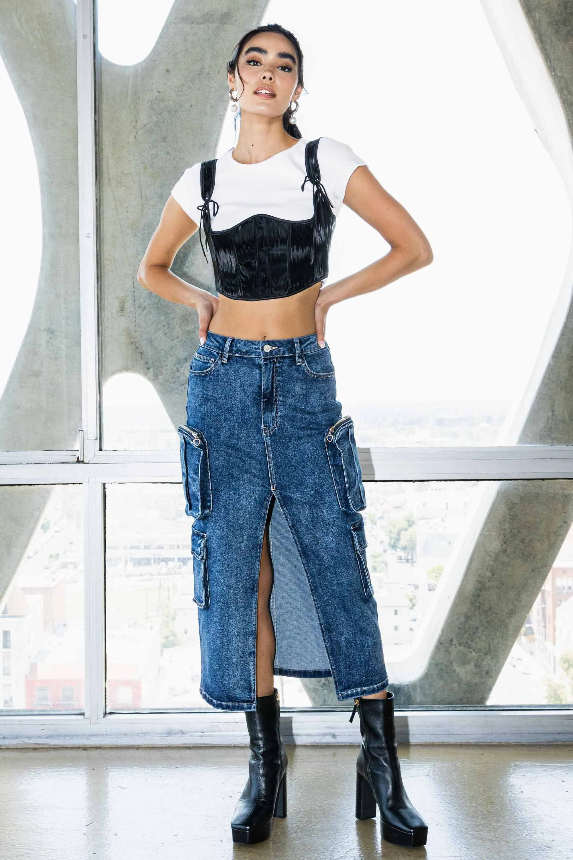 Front Slit Denim Cargo Skirt