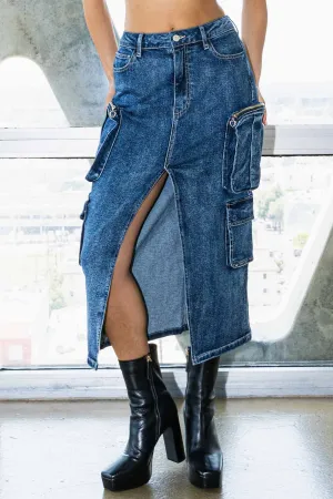 Front Slit Denim Cargo Skirt