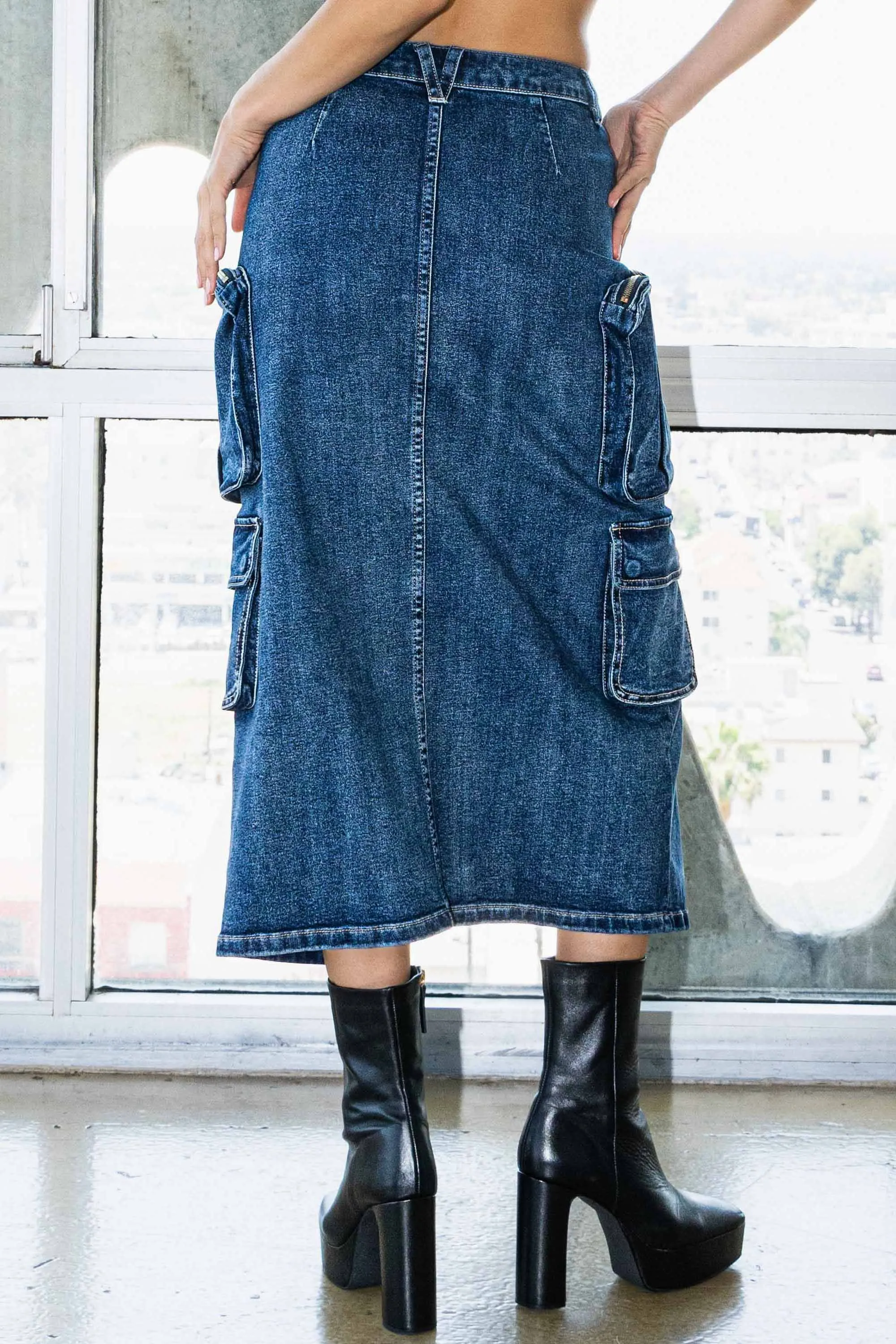 Front Slit Denim Cargo Skirt