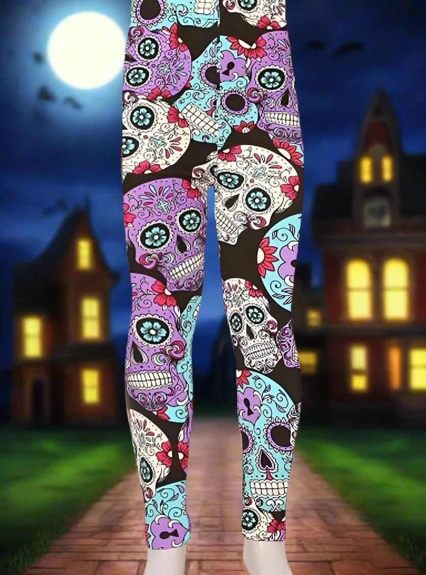 Girls Skull Leggings, Kids Yoga Pants, Sizes S/L, No-Roll Waist, Purple/Blue