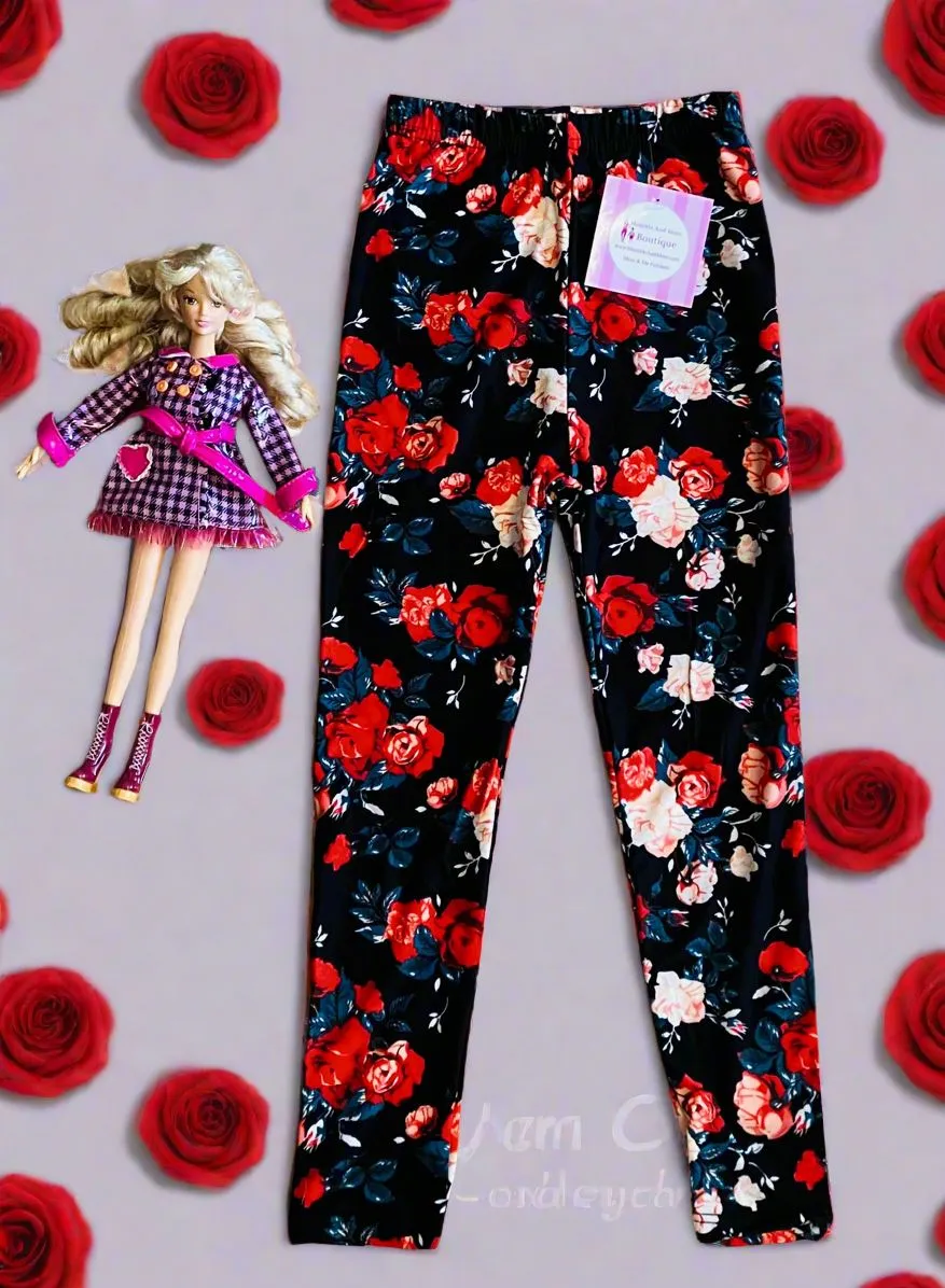 Girls Valentines Day Rose Leggings, Kids Yoga Pants, Sizes S/L, No-Roll Waist, Red/Black