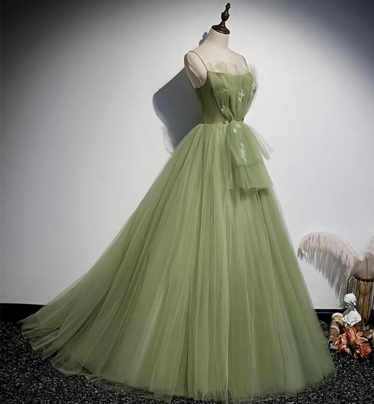 Green Tulle Long Sweet 16 Prom Dress Formal Dress Evening Gown