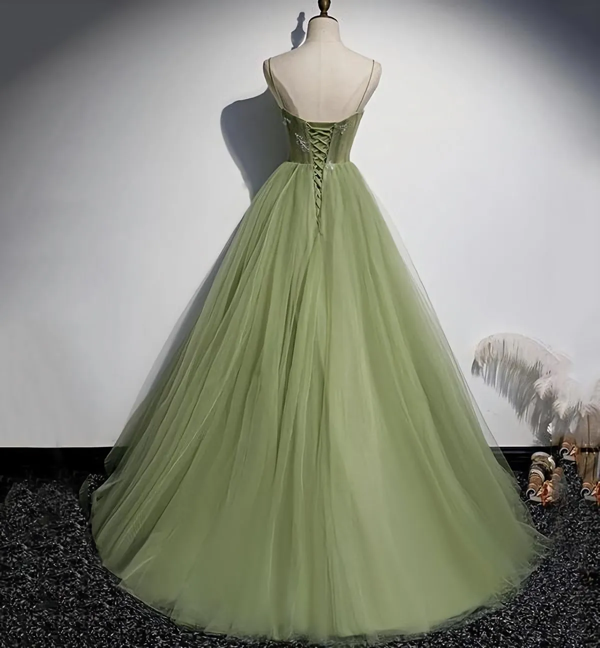 Green Tulle Long Sweet 16 Prom Dress Formal Dress Evening Gown