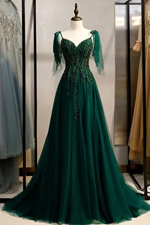 Green V-Neck Lace Long Prom Dress, A-Line Spaghetti Straps Evening Dress