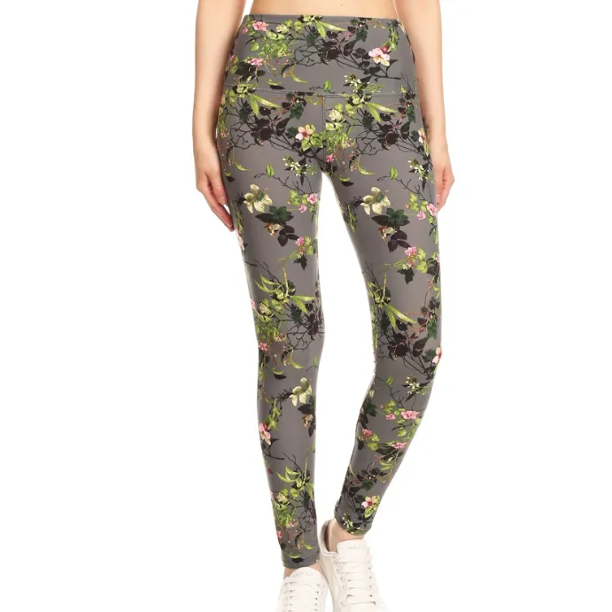 Grey Realistic Floral Leggings