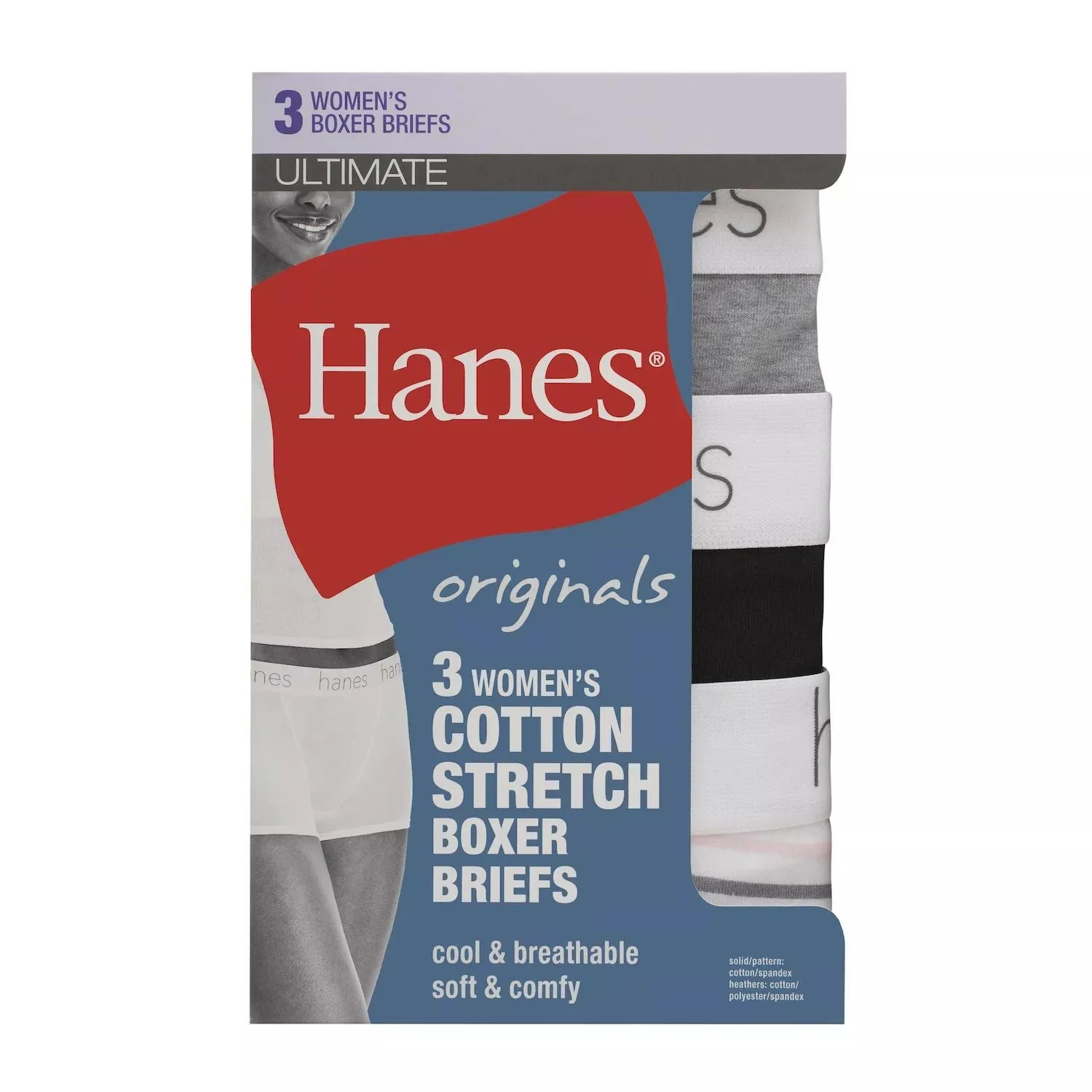 Hanes Originals Ultimate Women's Boxer Briefs set of 3 stretch cotton boxer briefs, 45UOBB Hanes