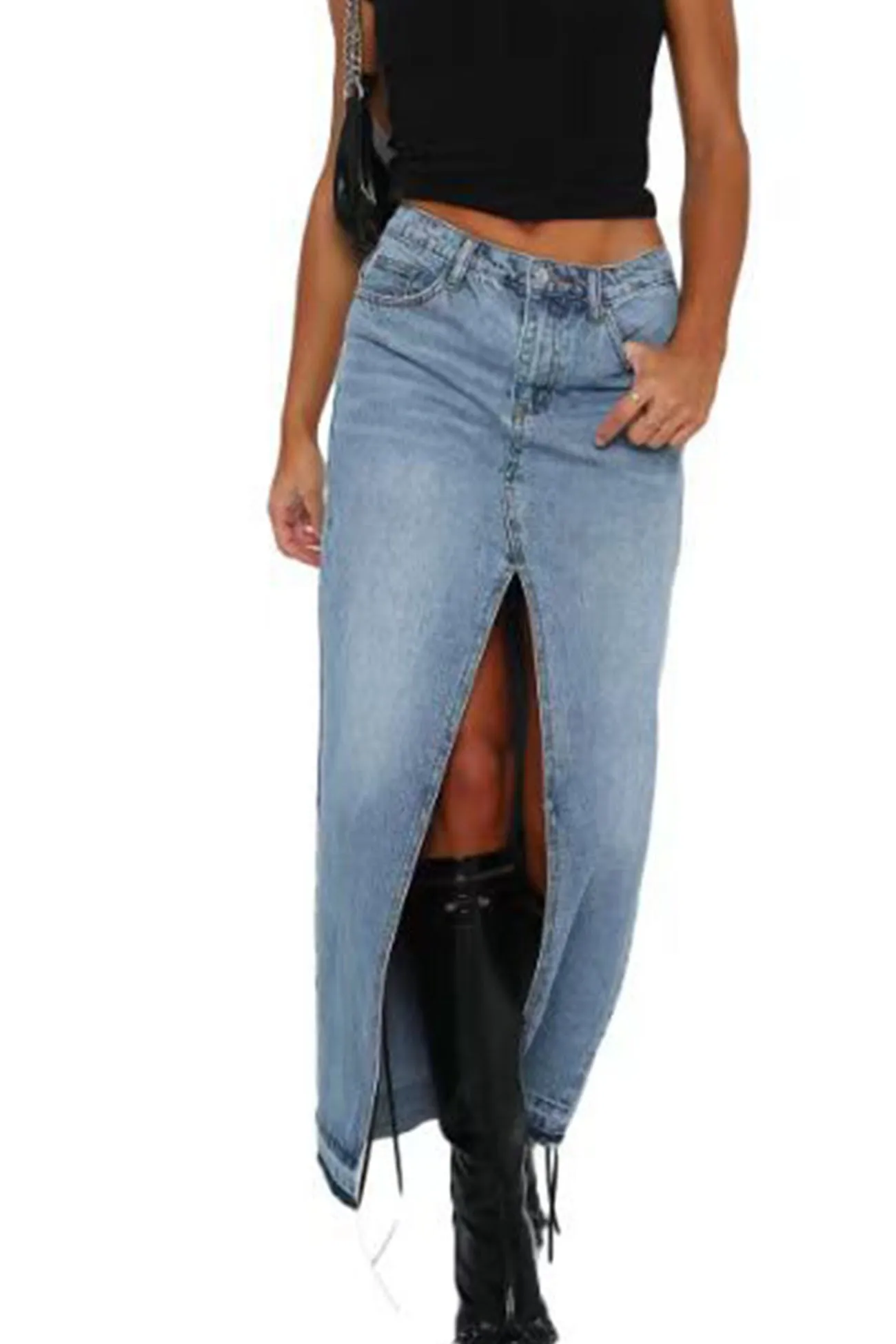 High Rise Slit Front Denim Skirt