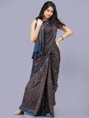 Indigo Black Maroon Ajrakh Hand Block Printed Modal Silk Saree - S031704198