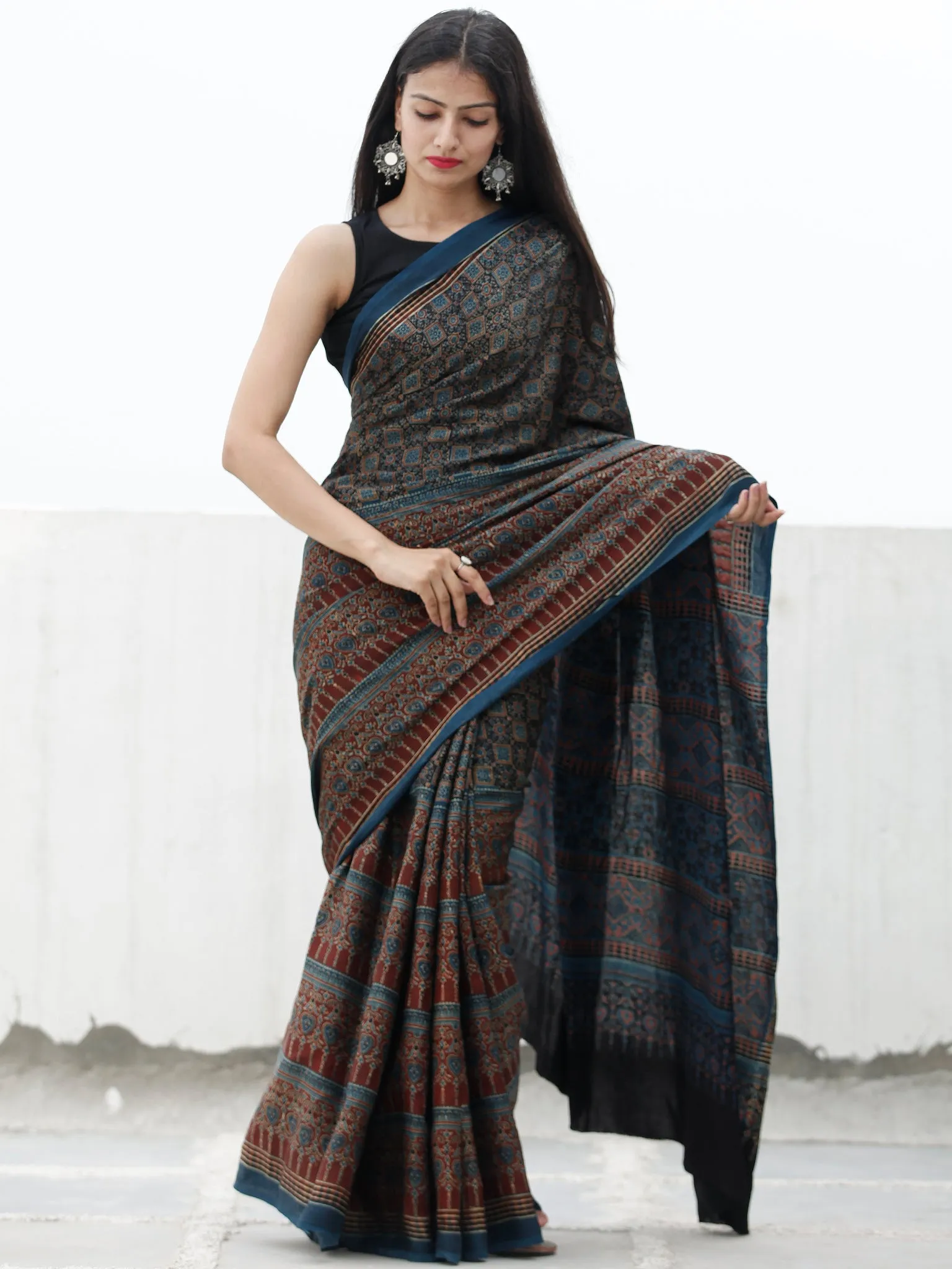 Indigo Black Rust Beige Ajrakh Hand Block Printed Modal Silk Saree in Natural Colors - S031703710