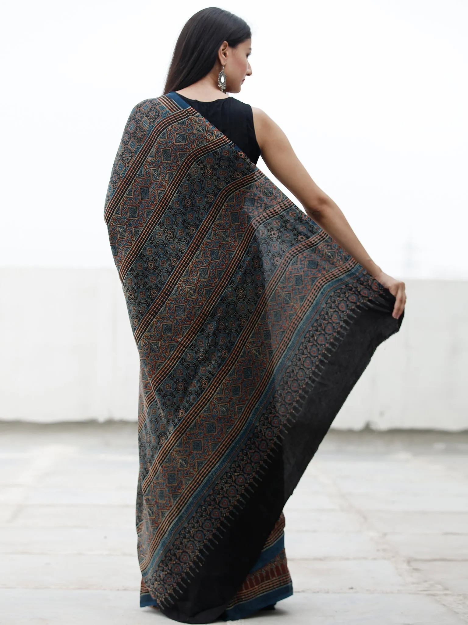 Indigo Black Rust Beige Ajrakh Hand Block Printed Modal Silk Saree in Natural Colors - S031703710