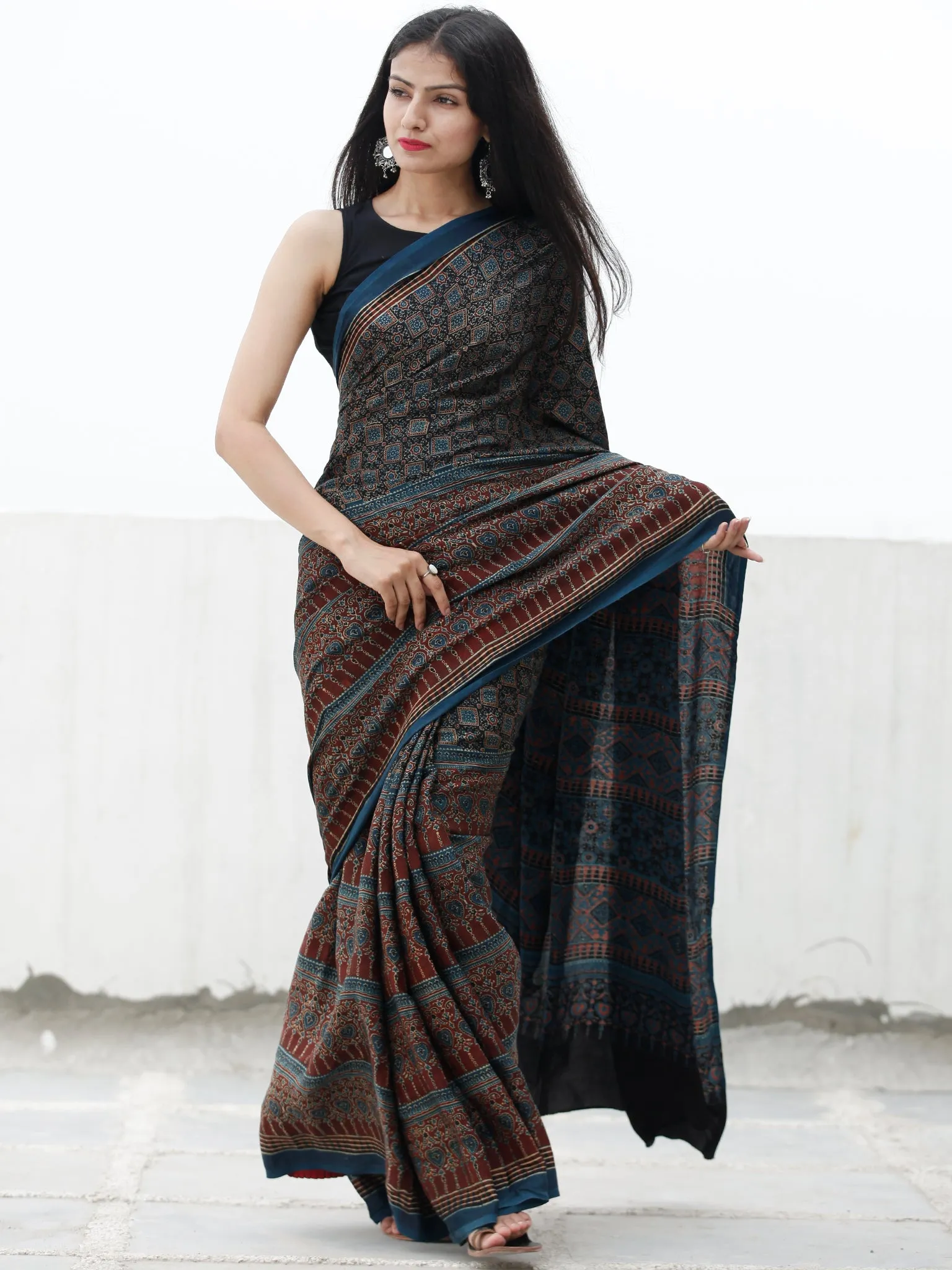 Indigo Black Rust Beige Ajrakh Hand Block Printed Modal Silk Saree in Natural Colors - S031703710