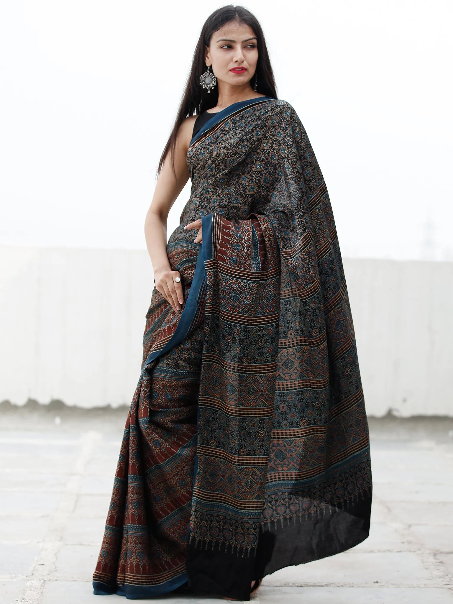 Indigo Black Rust Beige Ajrakh Hand Block Printed Modal Silk Saree in Natural Colors - S031703710