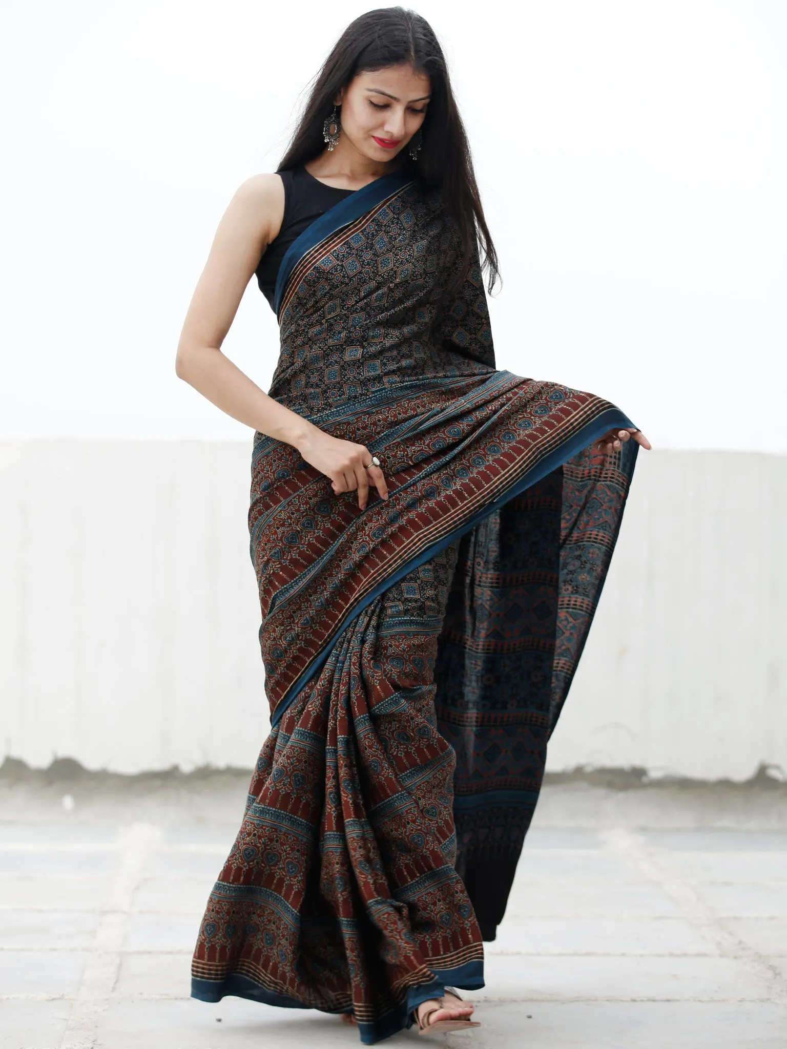 Indigo Black Rust Beige Ajrakh Hand Block Printed Modal Silk Saree in Natural Colors - S031703710