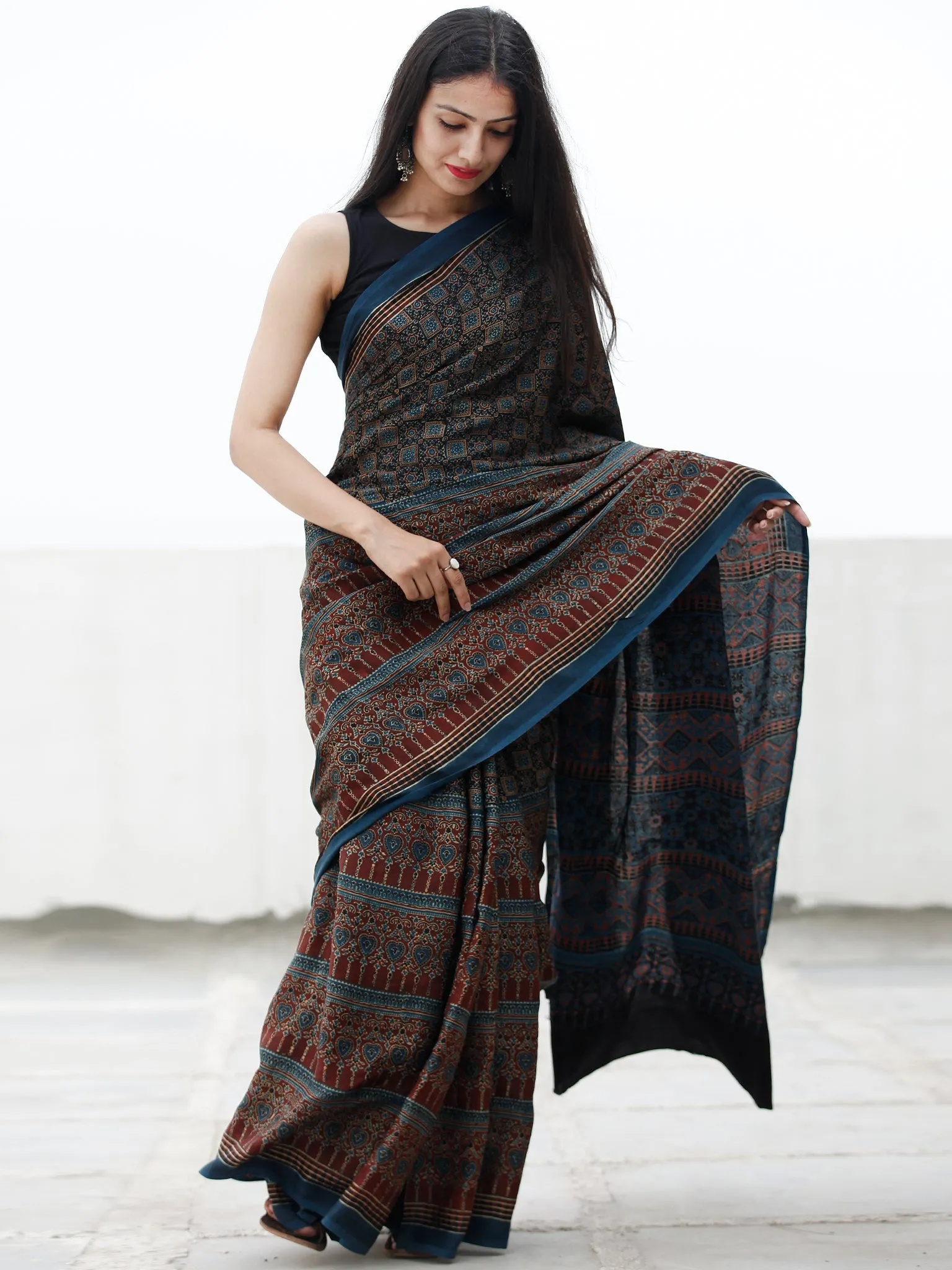 Indigo Black Rust Beige Ajrakh Hand Block Printed Modal Silk Saree in Natural Colors - S031703710