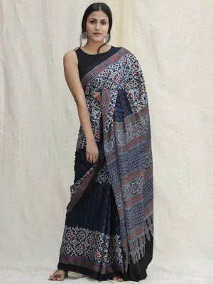 Indigo Ivory Black Red Ajrakh Hand Block Printed Modal Silk Saree - S031704125