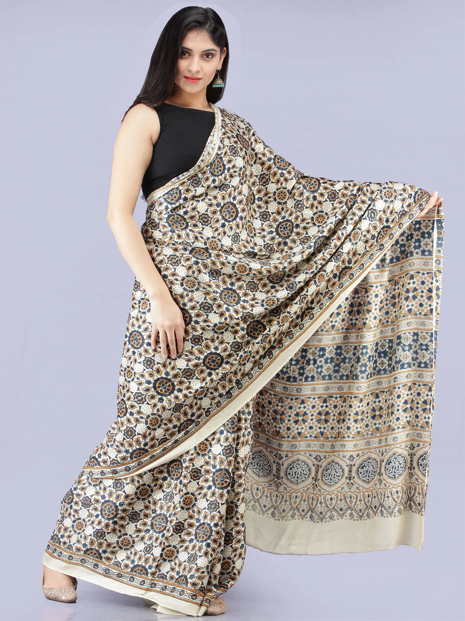 Ivory Indigo Mustard Ajrakh Hand Block Printed Modal Silk Saree - S031704231