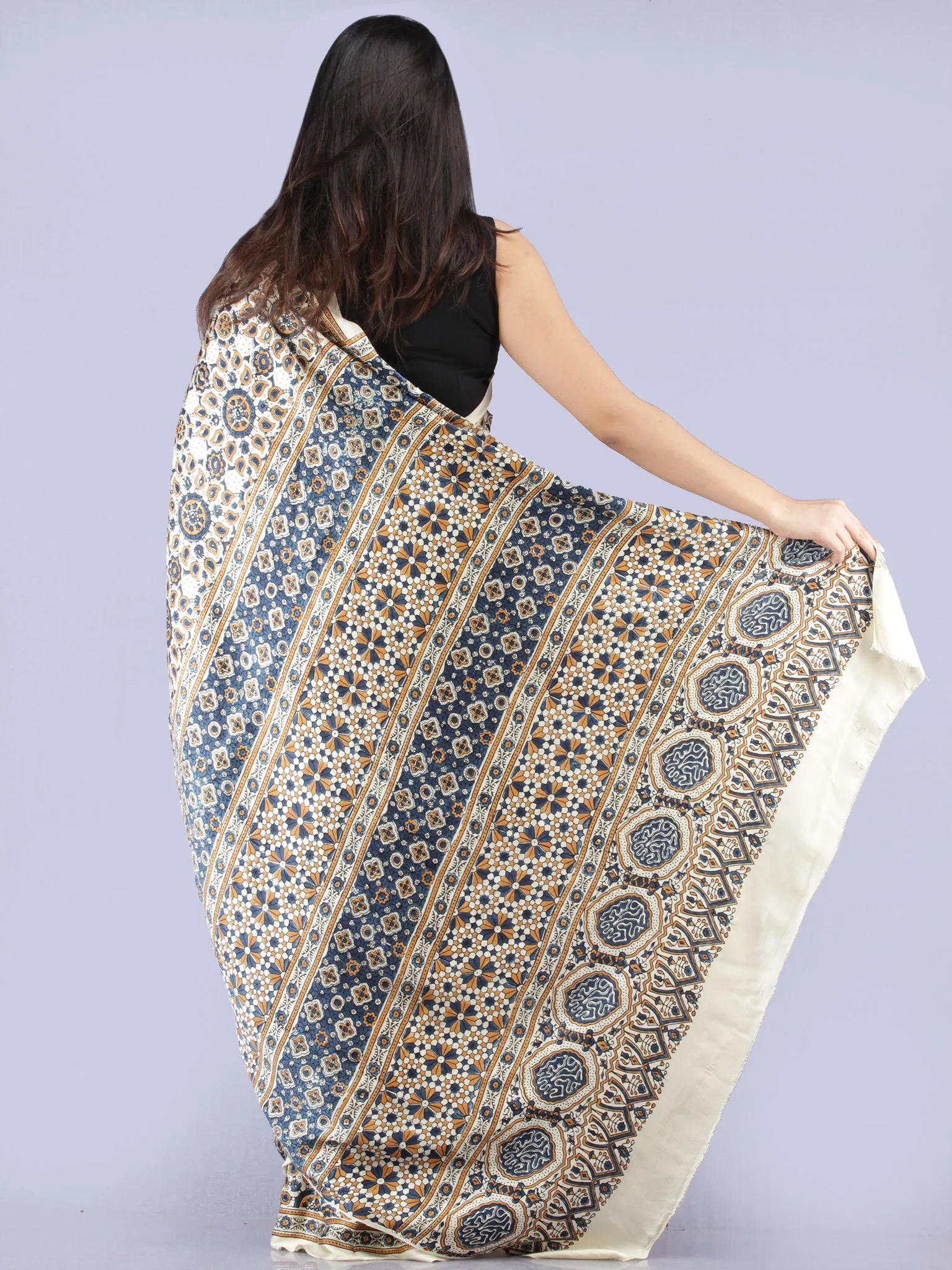 Ivory Indigo Mustard Ajrakh Hand Block Printed Modal Silk Saree - S031704231