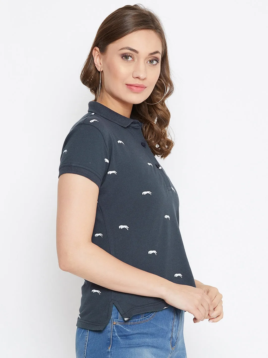 JUMP USA Women Navy Blue & White Printed Polo Collar T-Shirt