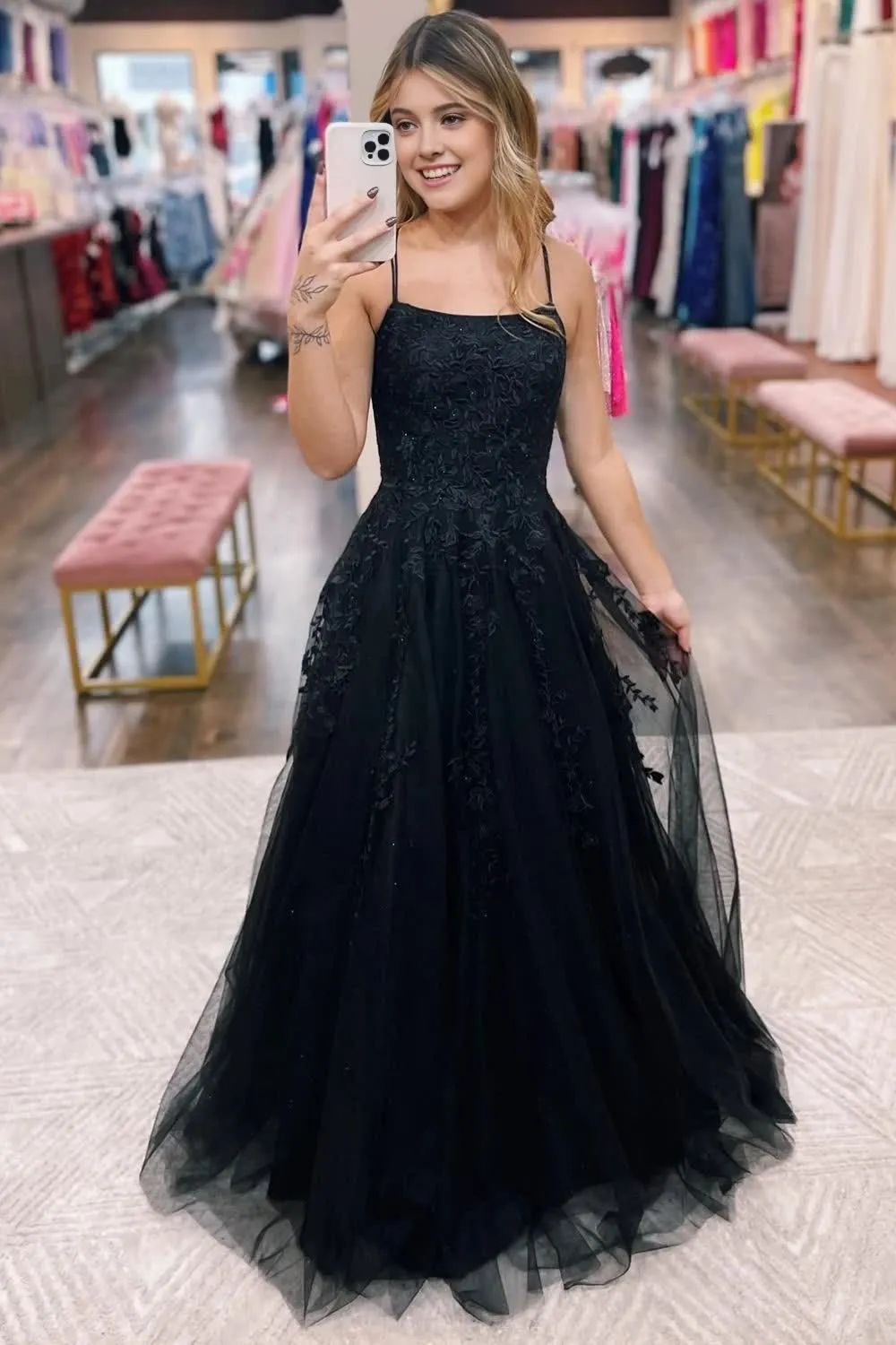 kamahe Black A-Line Tulle Long Prom Dress with Lace Evening Party Dresses Gowns