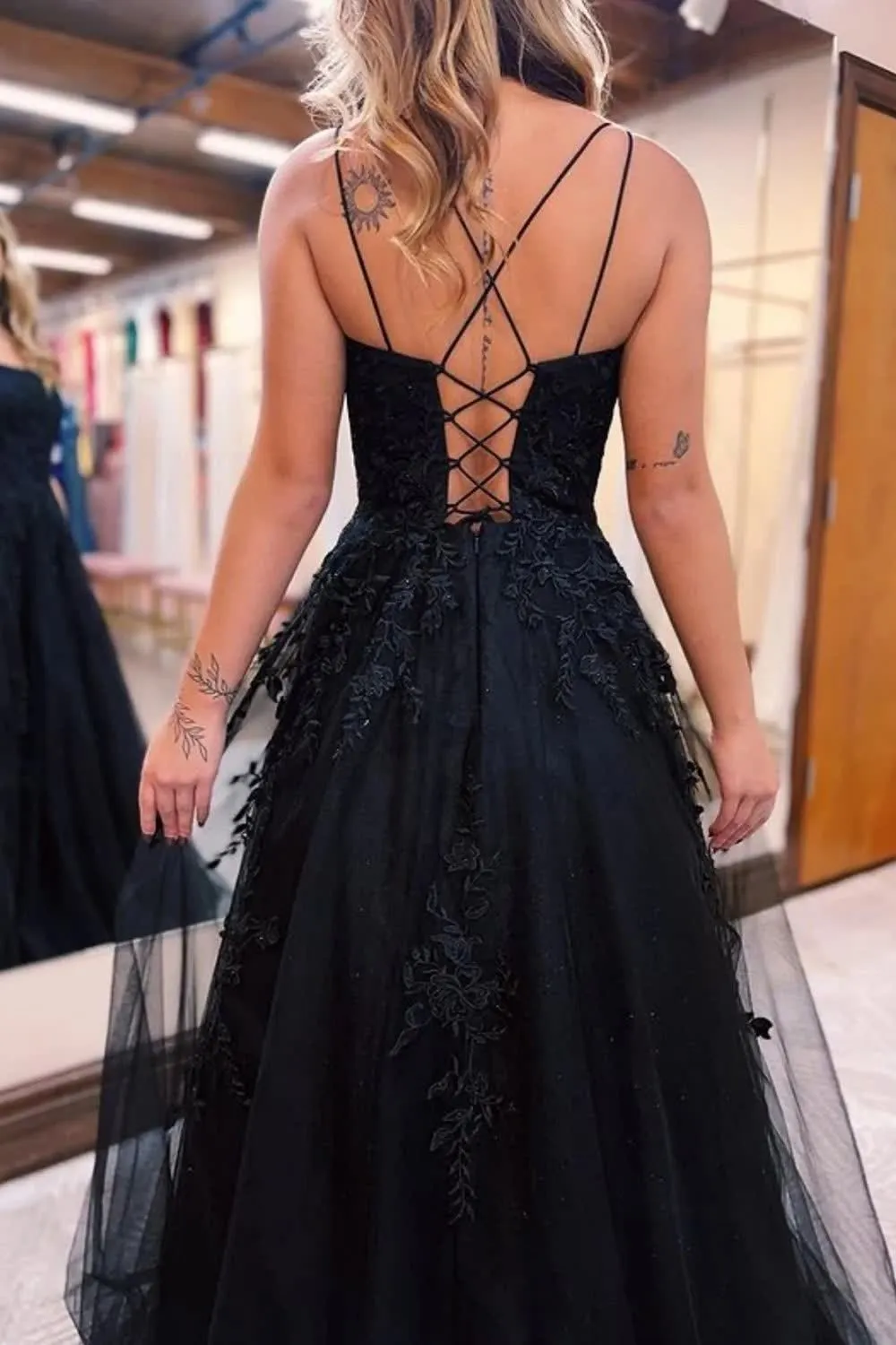 kamahe Black A-Line Tulle Long Prom Dress with Lace Evening Party Dresses Gowns