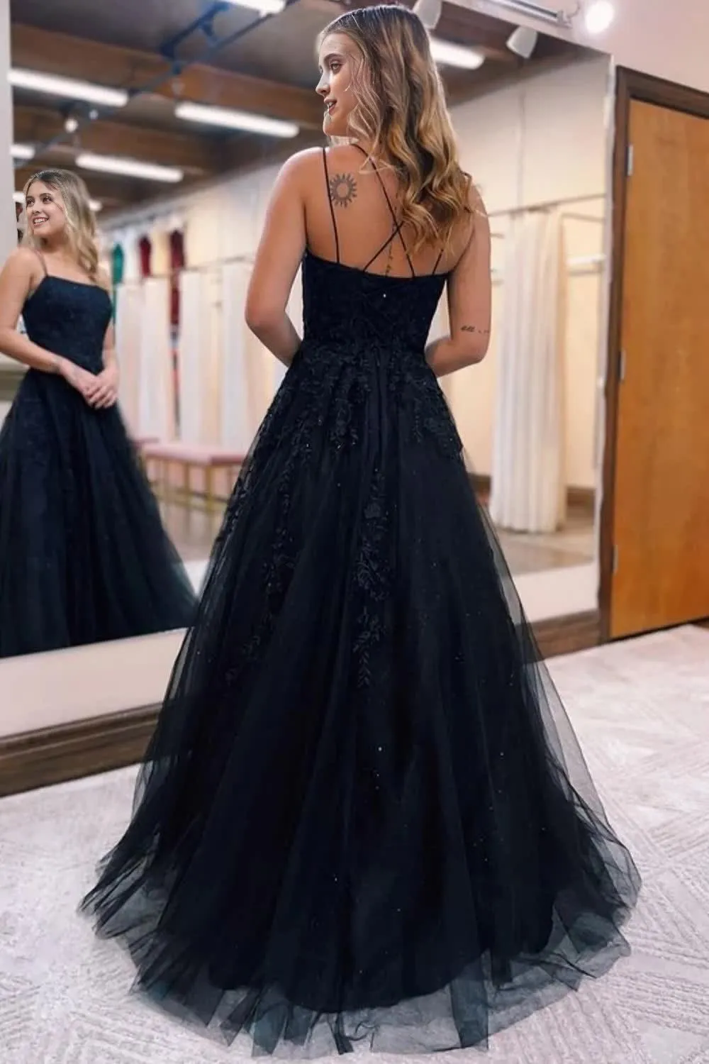 kamahe Black A-Line Tulle Long Prom Dress with Lace Evening Party Dresses Gowns