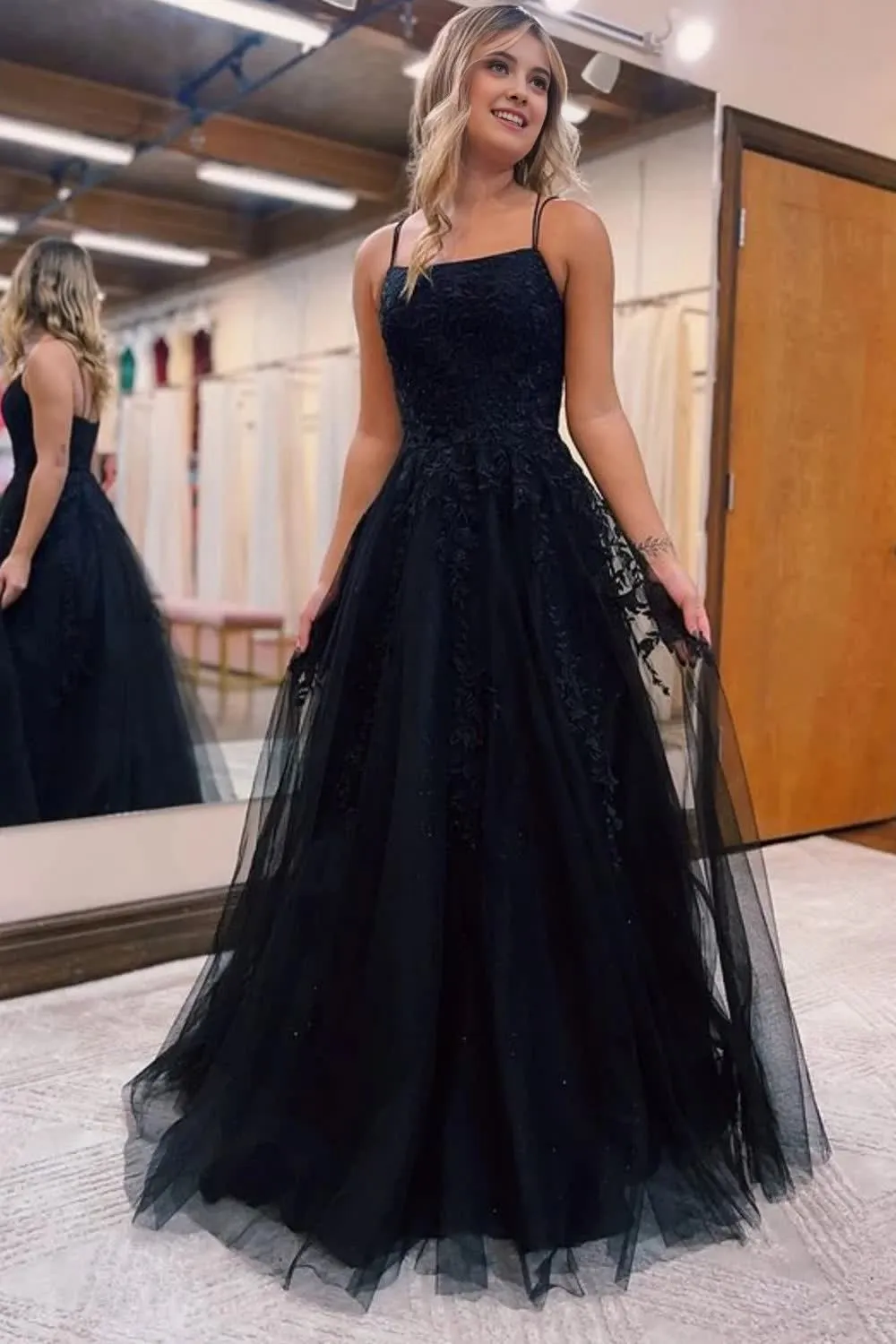 kamahe Black A-Line Tulle Long Prom Dress with Lace Evening Party Dresses Gowns