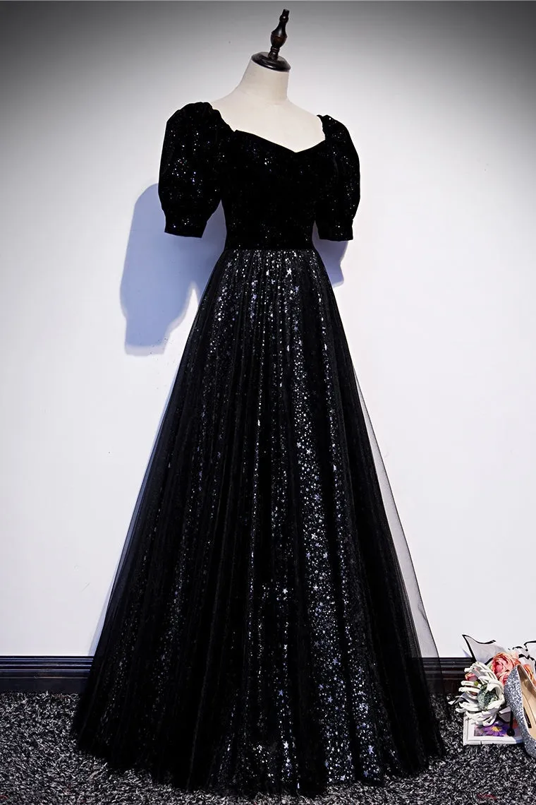 kamahe Modest Sparkly Black Long A-line Prom Dresses With Sleeves Evening Gowns