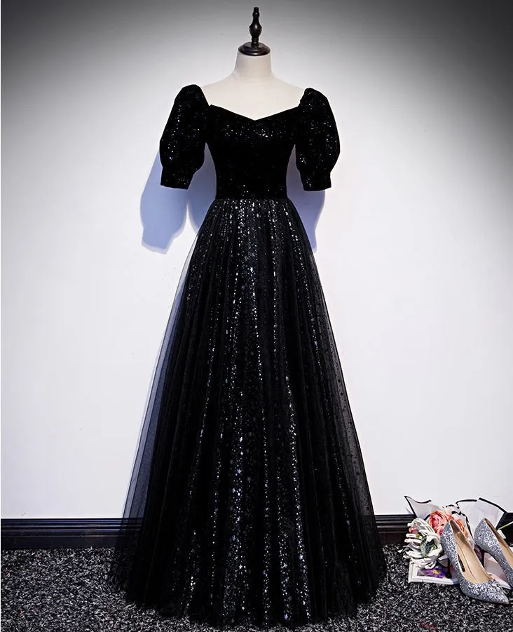 kamahe Modest Sparkly Black Long A-line Prom Dresses With Sleeves Evening Gowns