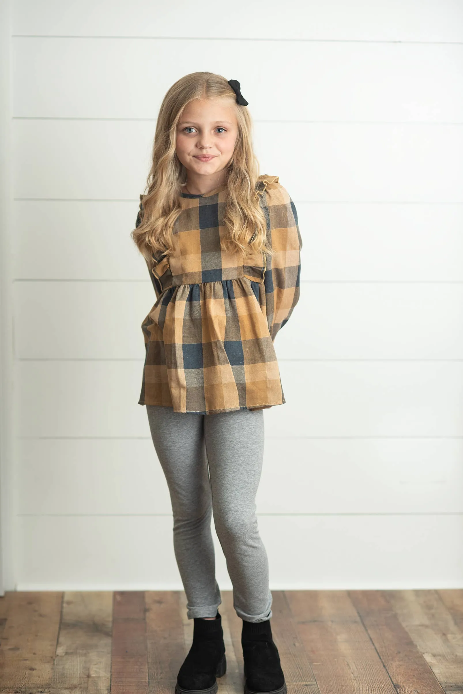 Kids Mustard Gray Plaid Ruffle Button Fall Winter Set