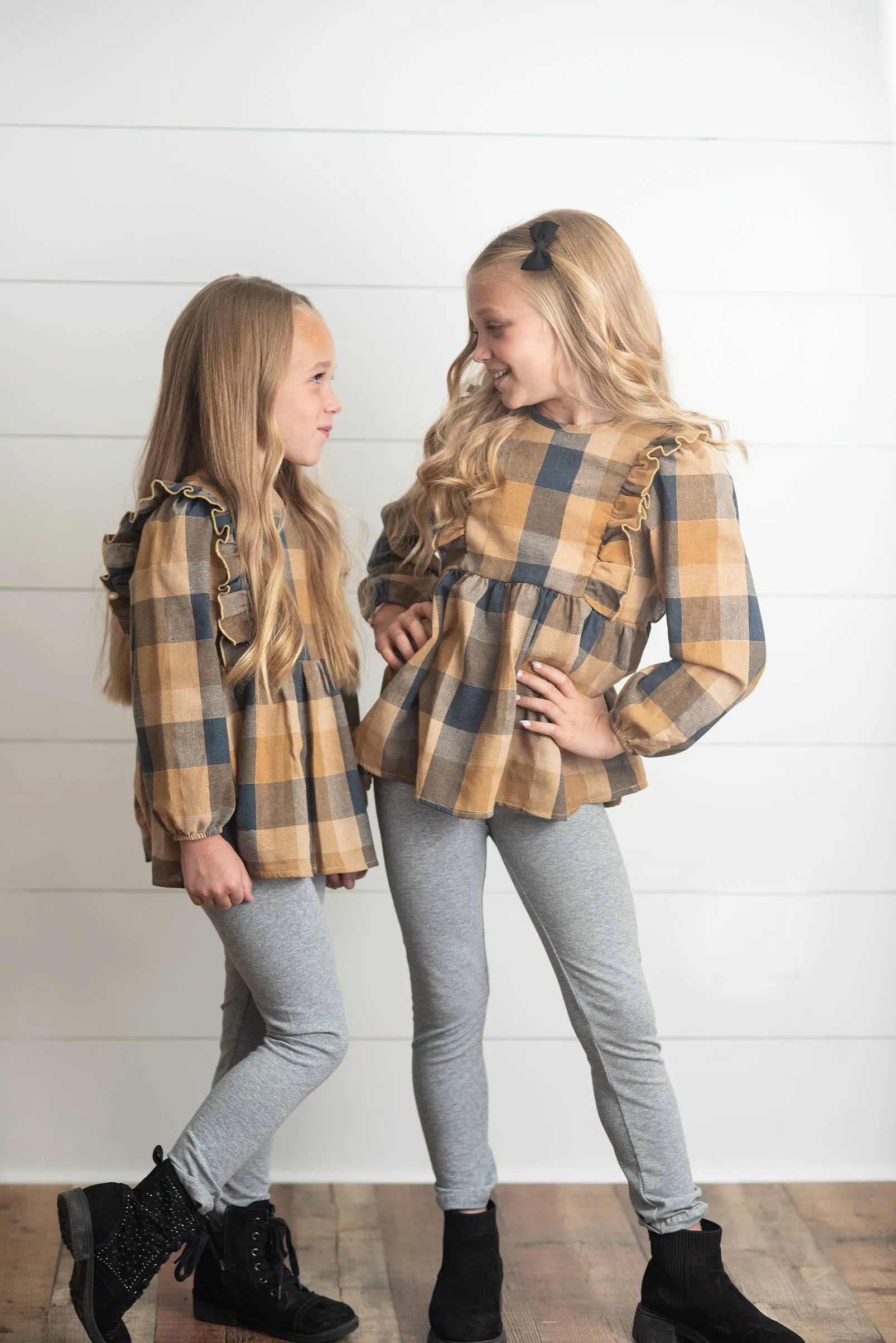 Kids Mustard Gray Plaid Ruffle Button Fall Winter Set