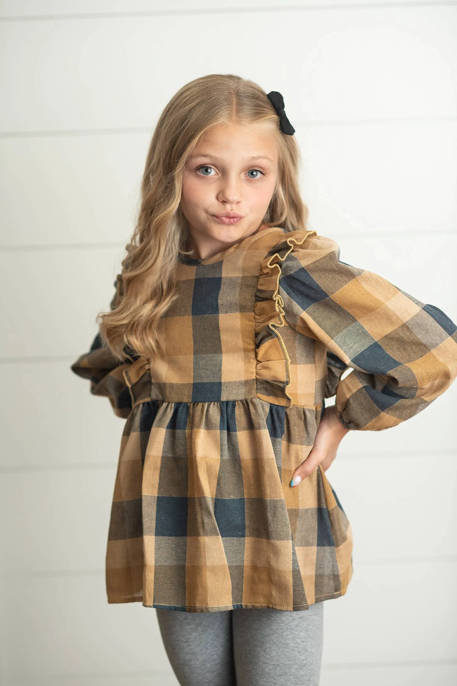 Kids Mustard Gray Plaid Ruffle Button Fall Winter Set