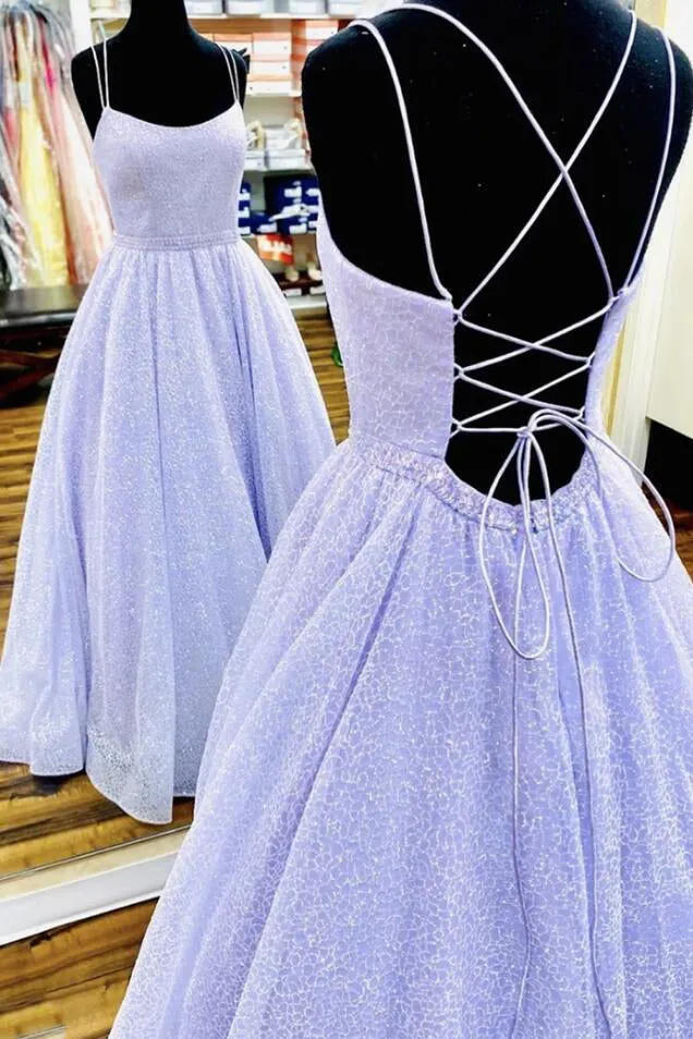 Lavender Spaghetti Strap Sparkly Prom Dress Long Shiny Long Evening Dress