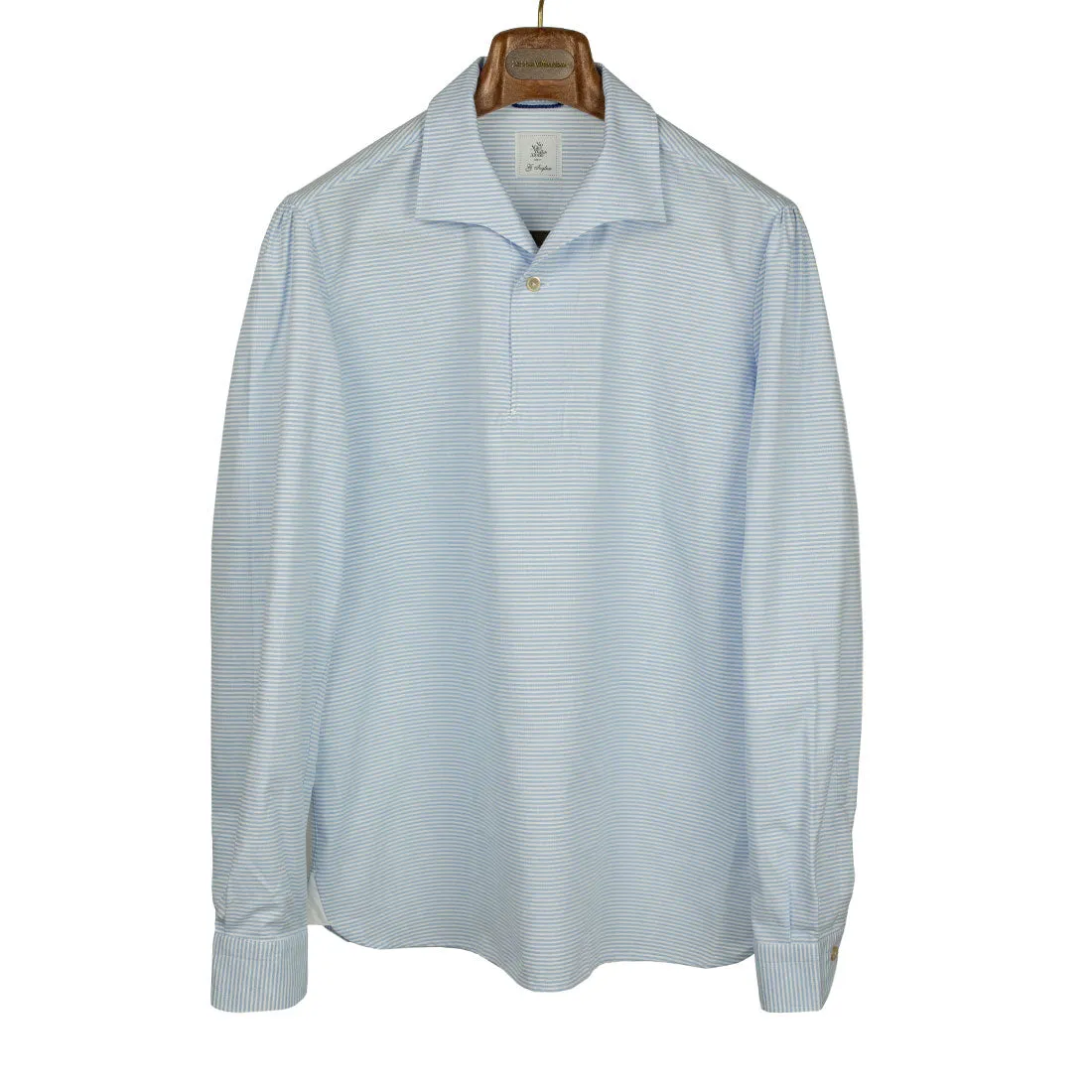 Light blue horizontal stripe long-sleeve popover, one-piece "Miami" collar (restock)