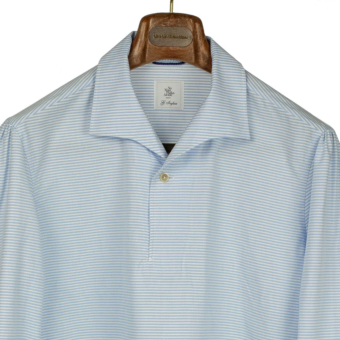 Light blue horizontal stripe long-sleeve popover, one-piece "Miami" collar (restock)