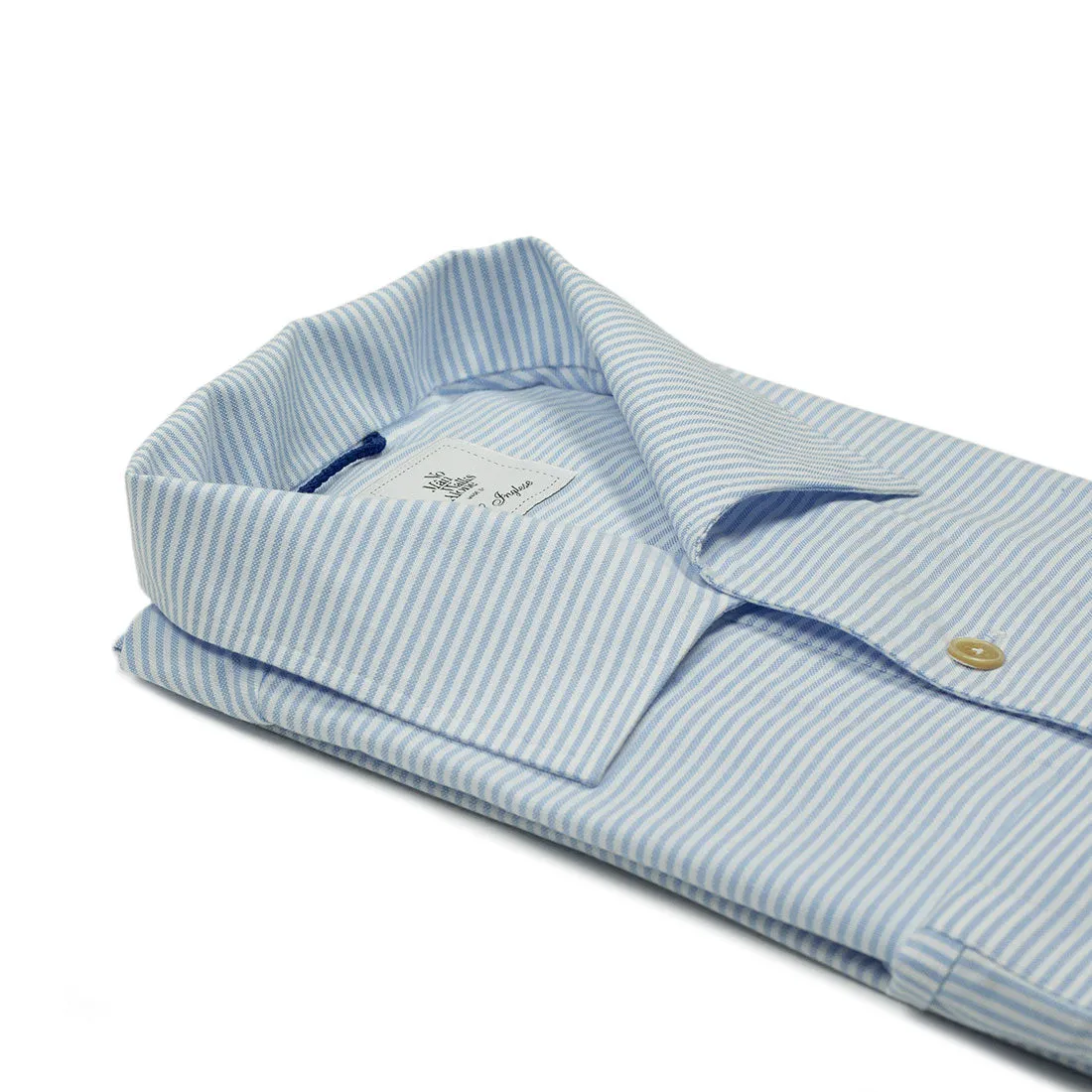 Light blue horizontal stripe long-sleeve popover, one-piece "Miami" collar (restock)