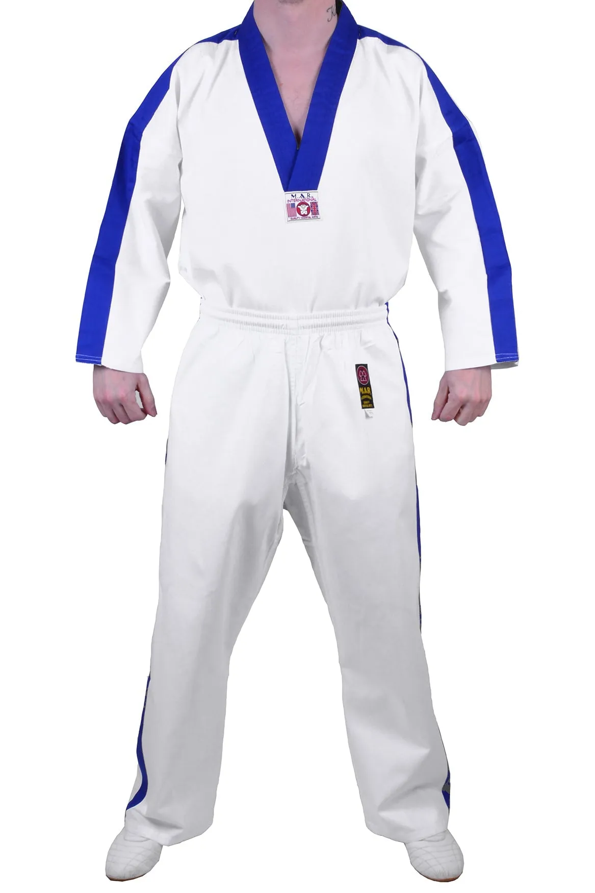 MAR-007 | White Karate & Freestyle Uniform w/ Blue Trim (8oz Fabric)