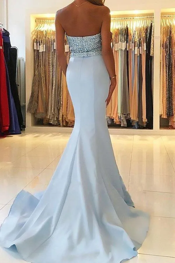 Mermaid Sweetheart Sweep Train Blue Prom Dress with Beading PG448