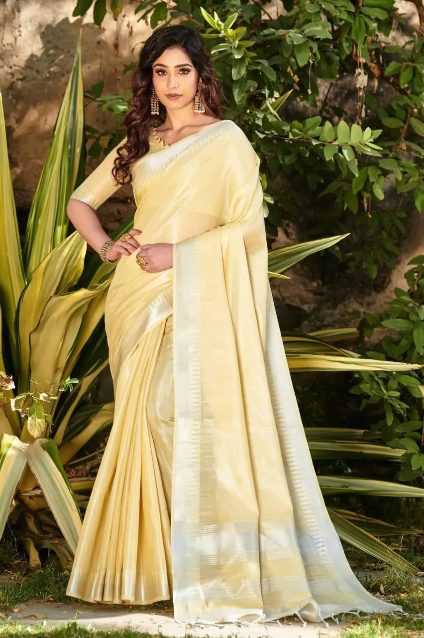 Pale Yellow Linen Tissue Silk  Saree