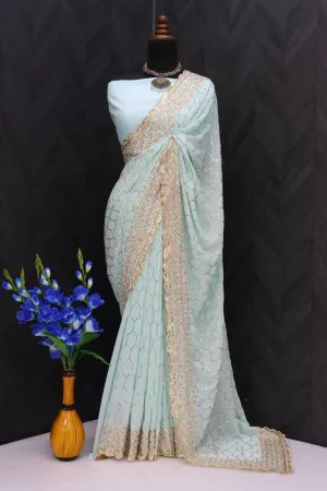 Pastel Blue Faux Georgette Embroidery Saree