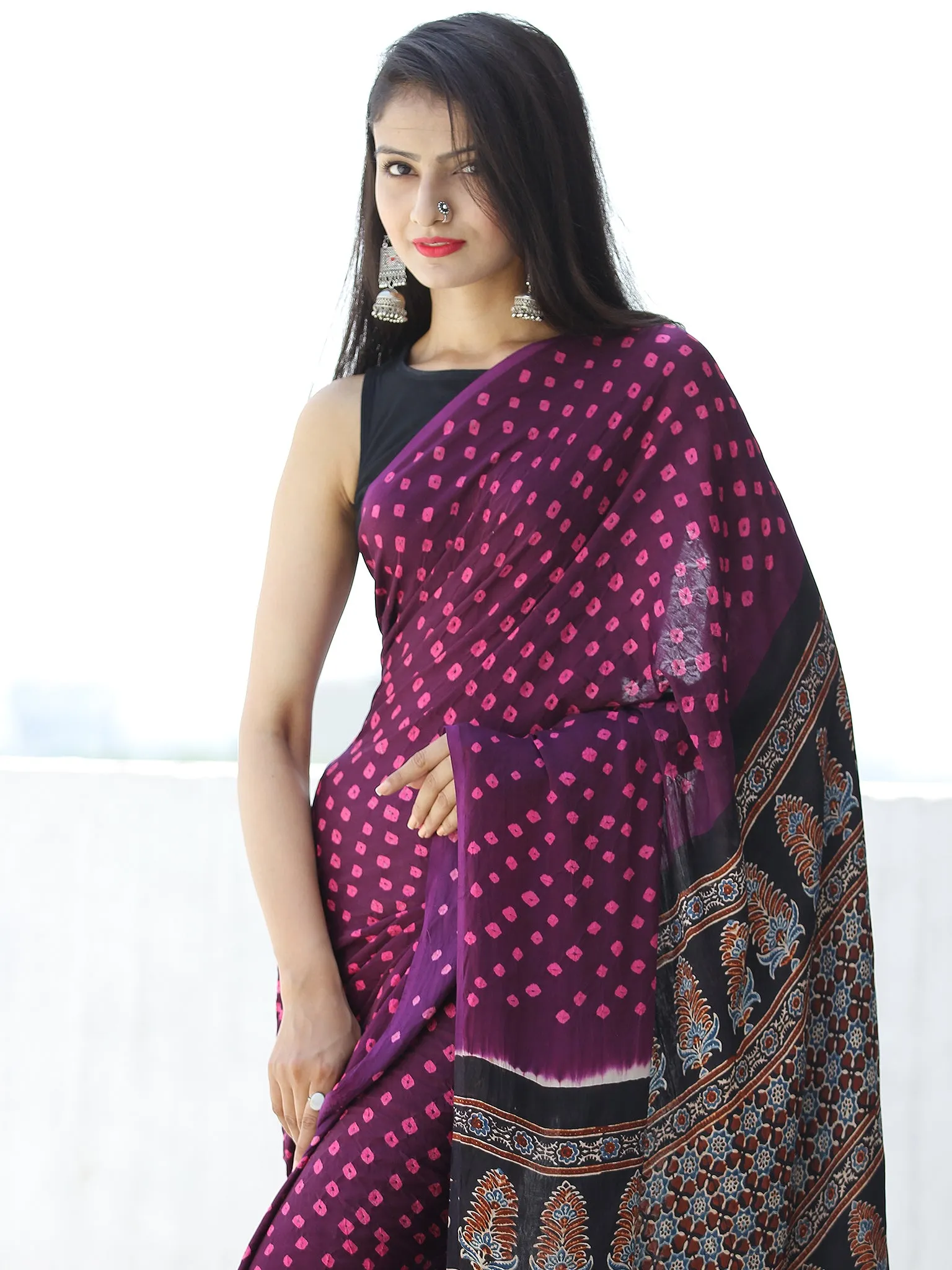 Purple Pink Black Maroon Bandhej Modal Silk Saree With Ajrakh Printed Pallu & Blouse - S031703870