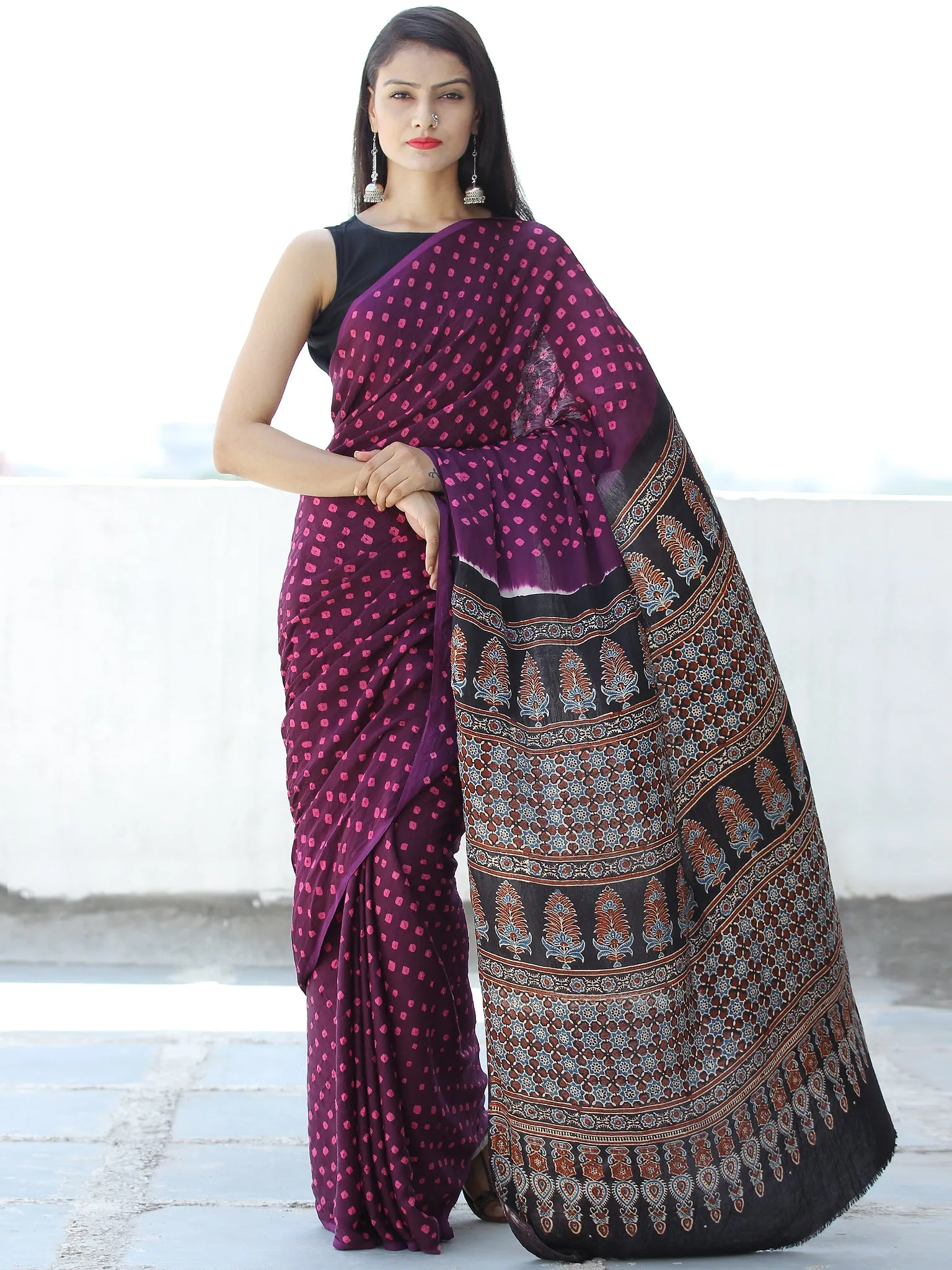 Purple Pink Black Maroon Bandhej Modal Silk Saree With Ajrakh Printed Pallu & Blouse - S031703870