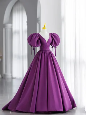 Purple Satin Puffy Sleeves Long Party Dress Dark Purple Evening Dress