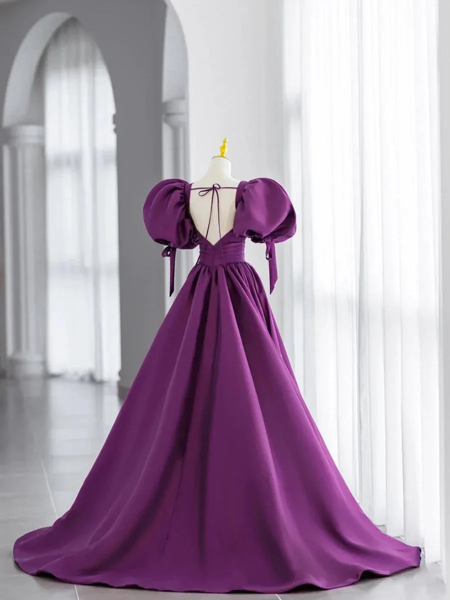 Purple Satin Puffy Sleeves Long Party Dress Dark Purple Evening Dress