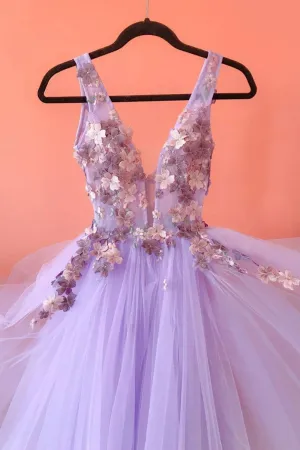 Purple Tulle Lace Long A-Line Prom Dress, V-Neck Evening Party Dress